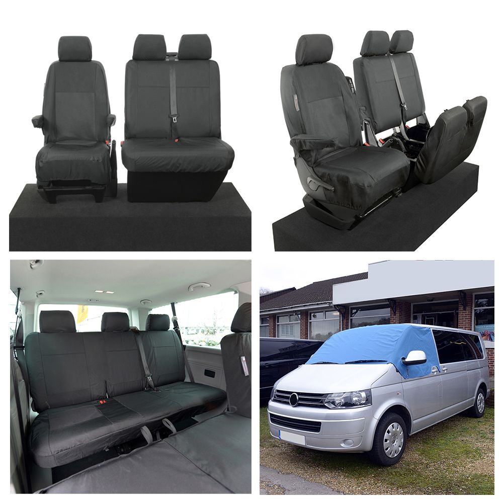 VW T5 Transporter (6 Seater) Tailored Seat Covers (with 2nd Row Bench -  Black) & Luxury Screen Wrap (Blue) 2003-2015