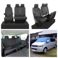 VW Transporter T5/T5.1 (6 Seater) Tailored Seat Covers (with 2nd Row Bench - Black) & Luxury Screen Wrap (Blue) 2003-2015