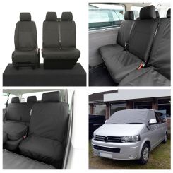 VW Transporter T5/T5.1 (6 Seater) Tailored Seat Covers (with 2nd row Single/Double - NO front Armrests - Black) & Luxury Screen Wrap - (Grey) 2003-2015