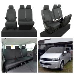 VW Transporter T5/T5.1 (6 Seater) Tailored Seat Covers (with 2nd Row Bench - Black) & Luxury Screen Wrap (Dark Grey) 2003-2015