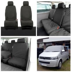VW Transporter T5/T5.1 (5 Seater) Tailored Seat Covers (with 2nd row Single/Double - NO front Armrests - Black) & Luxury Screen Wrap - (Grey) 2003-2015