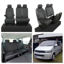 VW Transporter T5/T5.1 (6 Seater) Tailored Seat Covers (with 2nd Row Bench - Black) & Luxury Screen Wrap (Grey) 2003-2015
