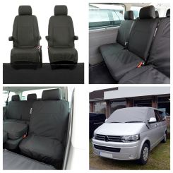 VW Transporter T5/T5.1 (5 Seater) Tailored Seat Covers (with 2nd Row Single+Double - Black) Luxury Screen Wrap - (Grey) 2003-2015