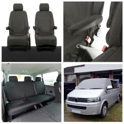 VW Transporter T5/T5.1 (5 Seater) Tailored Seat Covers (with 2nd Row Bench WITH Front Armrests - Black) & Luxury Screen Wrap - (Grey) 2003-2015