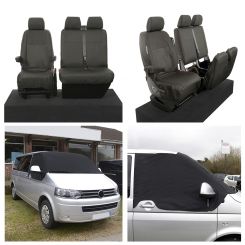 VW Transporter T5/T5.1 Tailored Front Seat Covers (Single+Double) &amp; Luxury Screen Wrap - Black (2003-2015)