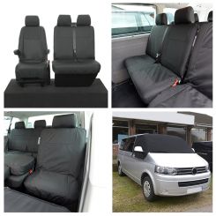 VW Transporter T5/T5.1 (6 Seater) Tailored Seat Covers (with 2nd Row Single+Double) & Luxury Screen Wrap - Black (2003-2015)
