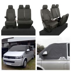 VW Transporter T5/T5.1 Caravelle Tailored Front Seat Covers (Single/Double - Black) & Luxury Screen Wrap (Dark Grey) 2003-2015
