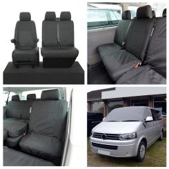 VW Transporter T5/T5.1 (6 Seater) Tailored Seat Covers (with 2nd Row Single+Double - Black) & Luxury Screen Wrap (Grey) 2003-2015