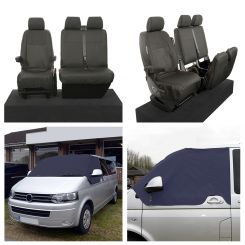 VW Transporter T5/T5.1 Caravelle Tailored Front Seat Covers (Single/Double - Black) & Luxury Screen Wrap (Navy) 2003-2015
