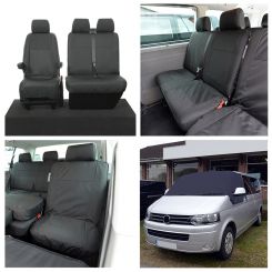 VW Transporter T5/T5.1 (6 Seater) Tailored Seat Covers (with 2nd Row Single+Double - Black) & Luxury Screen Wrap (Navy) 2003-2015