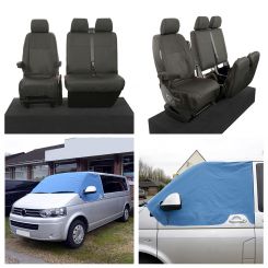 VW Transporter T5/T5.1 Caravelle Tailored Front Seat Covers (Single/Double - Black) & Luxury Screen Wrap (Blue) 2003-2015