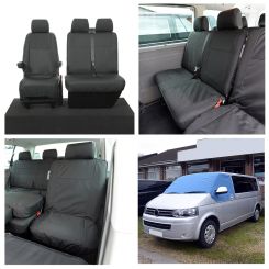 VW Transporter T5/T5.1 (6 Seater) Tailored Seat Covers (with 2nd Row Single+Double - Black) & Luxury Screen Wrap (Blue) 2003-2015