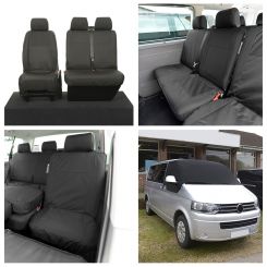 VW Transporter T5/T5.1 (6 Seater) Tailored Seat Covers (with 2nd row Single/Double - NO front Armrests - Black) & Luxury Screen Wrap - (Black) 2003-2015