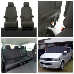 VW Transporter T5/T5.1 (5 Seater) Tailored Seat Covers (with 2nd Row Bench WITH Front Armrests - Black) & Luxury Screen Wrap - (Navy) 2003-2015