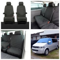 VW Transporter T5/T5.1 (5 Seater) Tailored Seat Covers (with 2nd Row Single+Double - Black) Luxury Screen Wrap - (Blue) 2003-2015