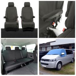 VW Transporter T5/T5.1  (5 Seater) Tailored Seat Covers (with 2nd Row Bench WITH Front Armrests - Black) & Luxury Screen Wrap - (Blue) 2003-2015