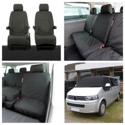 VW Transporter T5/T5.1 (5 Seater) Tailored Seat Covers (with 2nd Row Single+Double) Luxury Screen Wrap - Black (2003-2015)