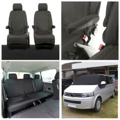 VW Transporter T5/T5.1 (5 Seater) Tailored Seat Covers (with 2nd Row Bench WITH Front Armrests) & Luxury Screen Wrap - Black (2003-2015)