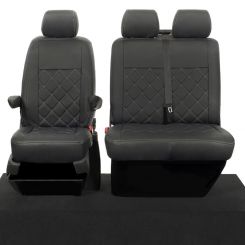 VW Transporter T5/T5.1 Caravelle Leatherette Front Seat Covers (Single+Double) - Black (2003-2015)