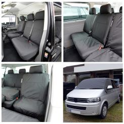 VW Transporter T5/T5.1 (6 Seater) Tailored Seat Covers (with 2nd Row Single+Double - Black) & Luxury Screen Wrap (Dark Grey) 2003-2015