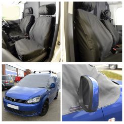 VW Caddy Tailored Front Seat Covers (Black) & Custom Screen Wrap - (Grey) 2004-2020